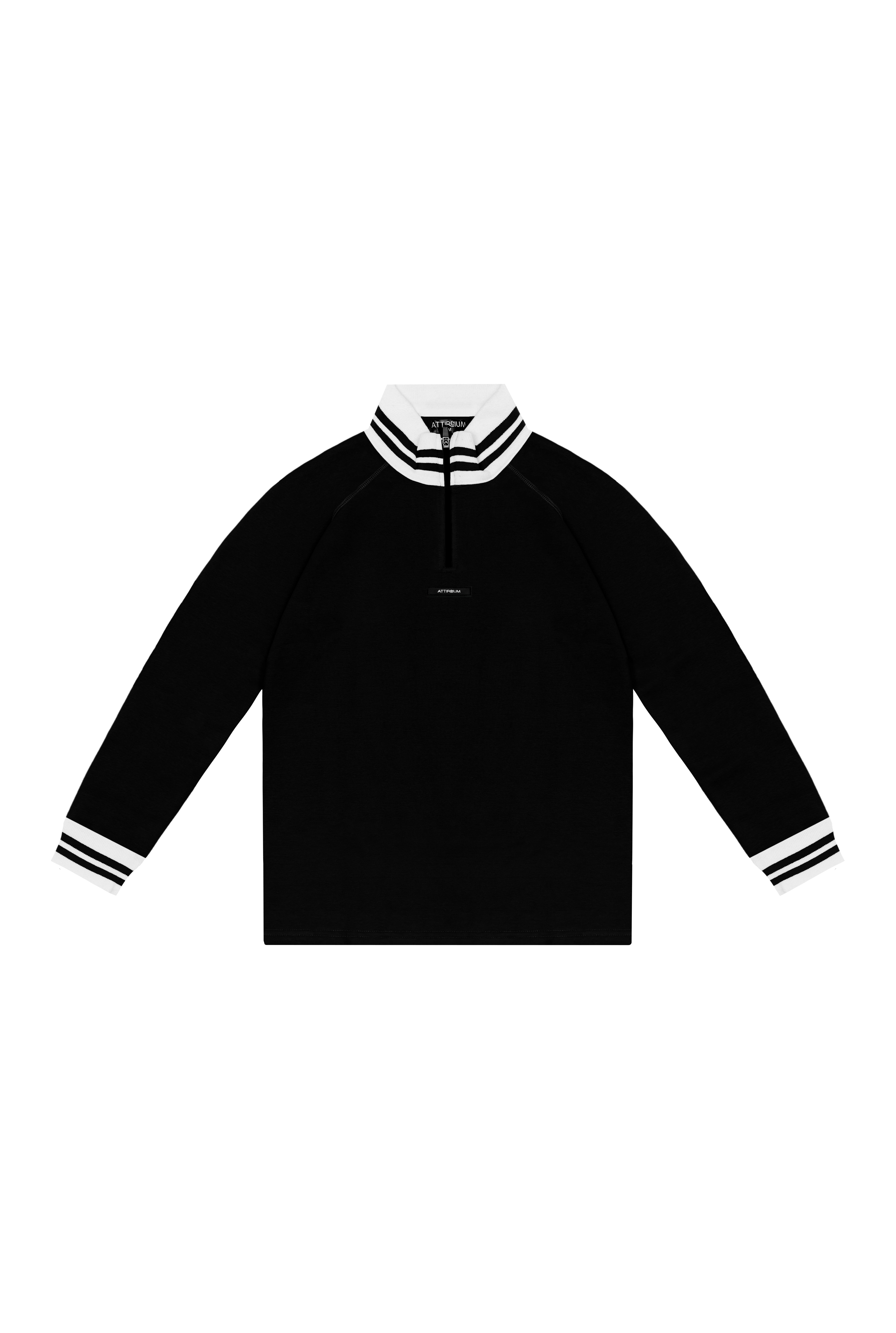 Classic Black Half-Zip Pullover with Striped Collar and Cuffs