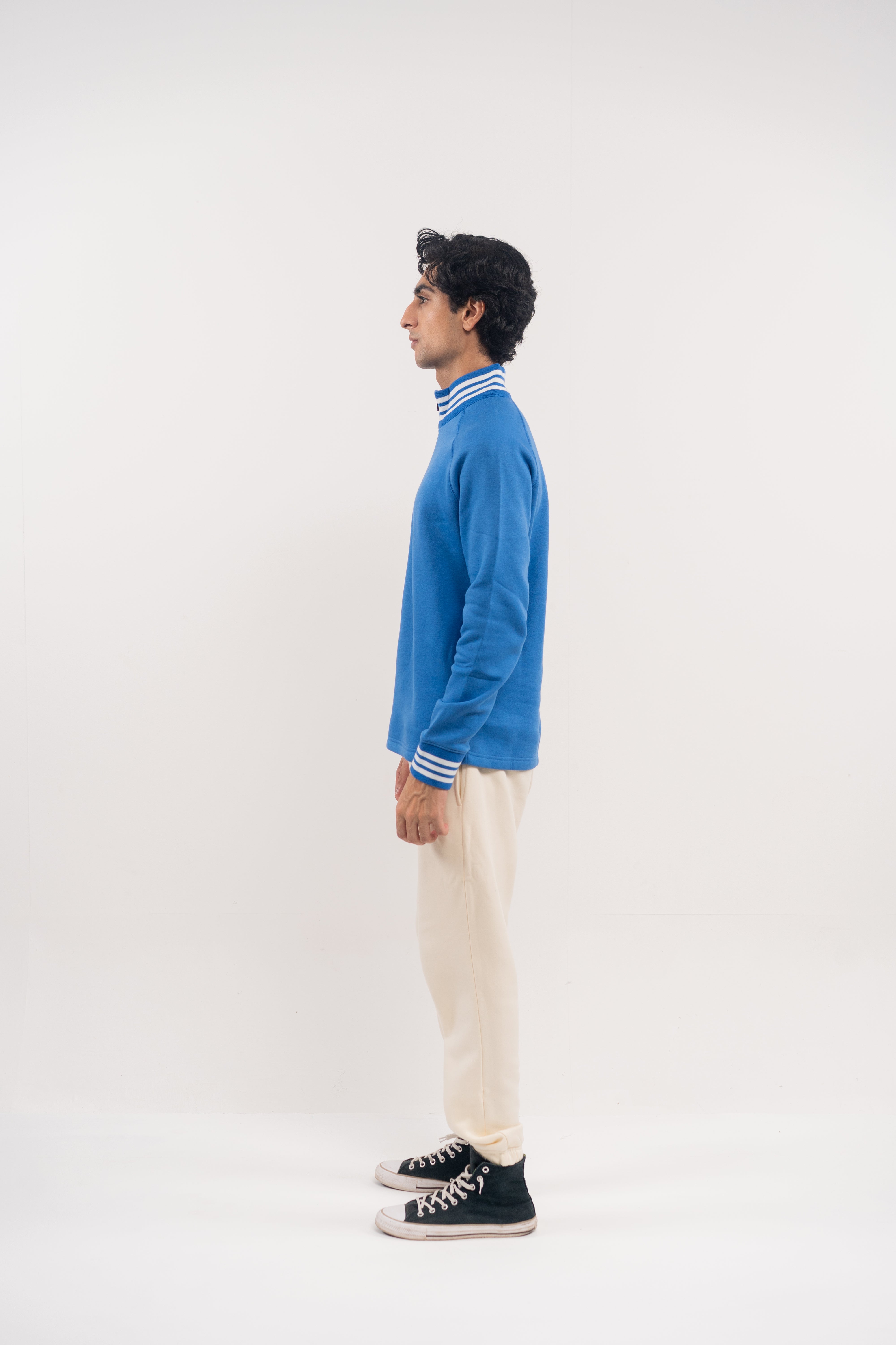 Bold Blue Half-Zip Pullover with Striped Accents