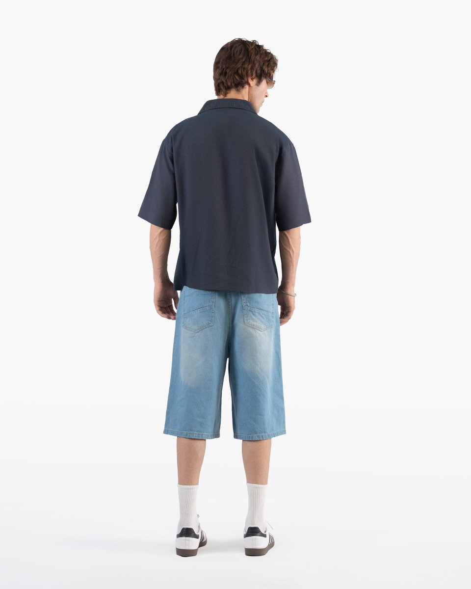 Navy Black Two-Tone Half Sleeve Oversized Shirt - Attireium