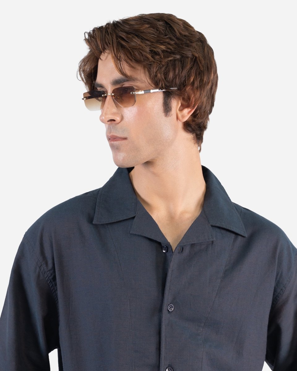 Navy Black Two-Tone Half Sleeve Oversized Shirt - Attireium