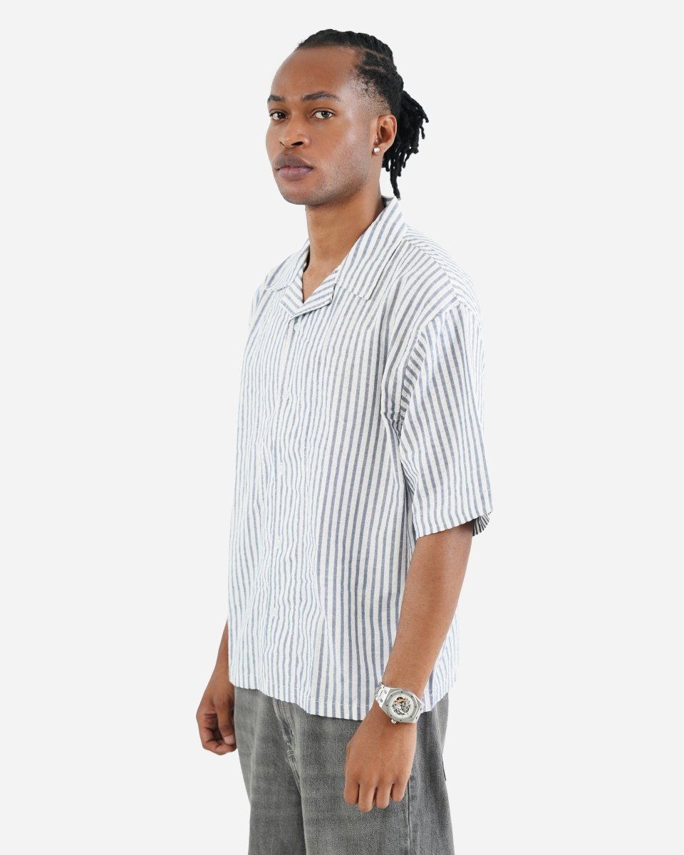 Striped Linen Blend Half Sleeve Oversized Shirt - Attireium
