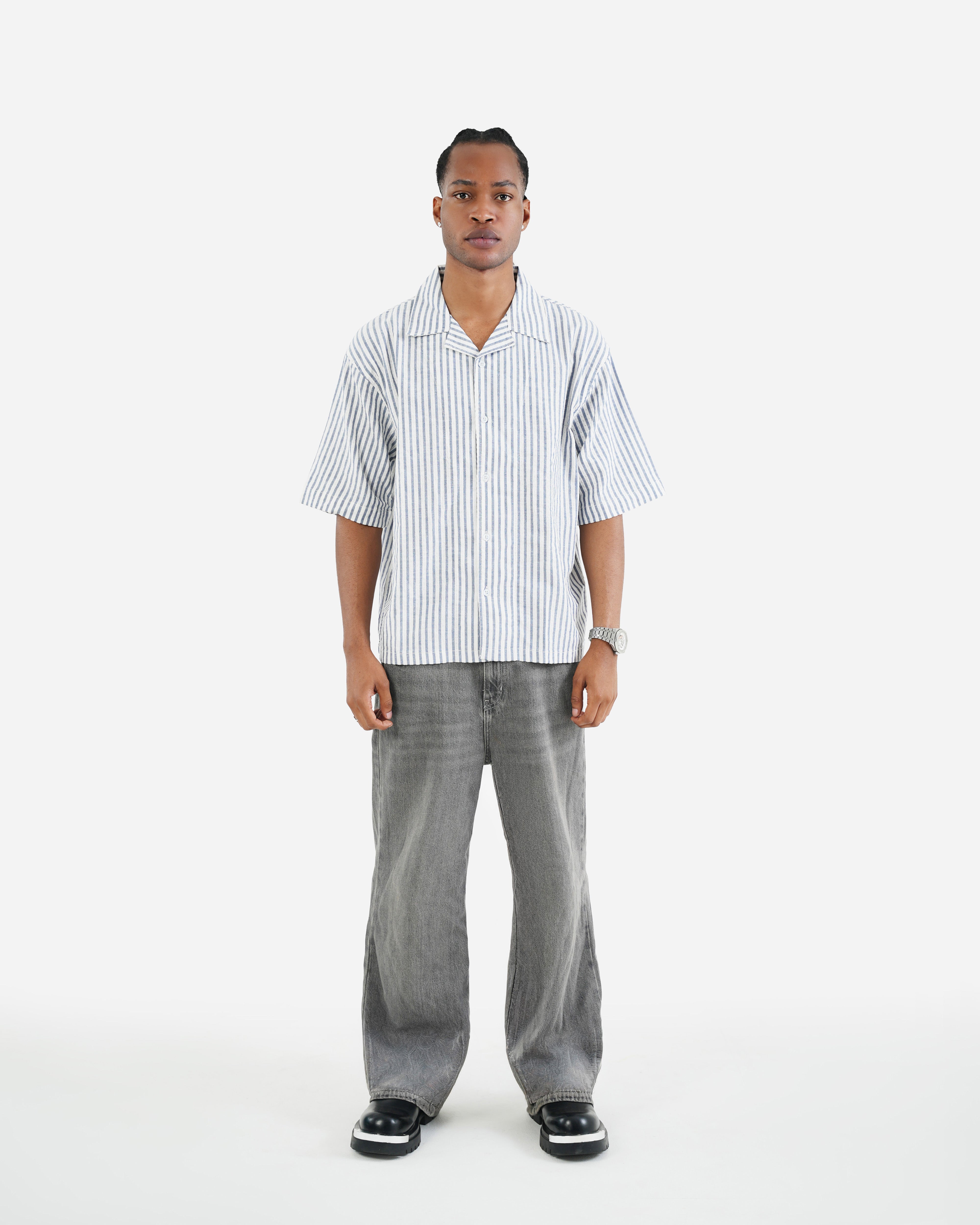 Striped Linen Blend  Half Sleeve Oversized Shirt