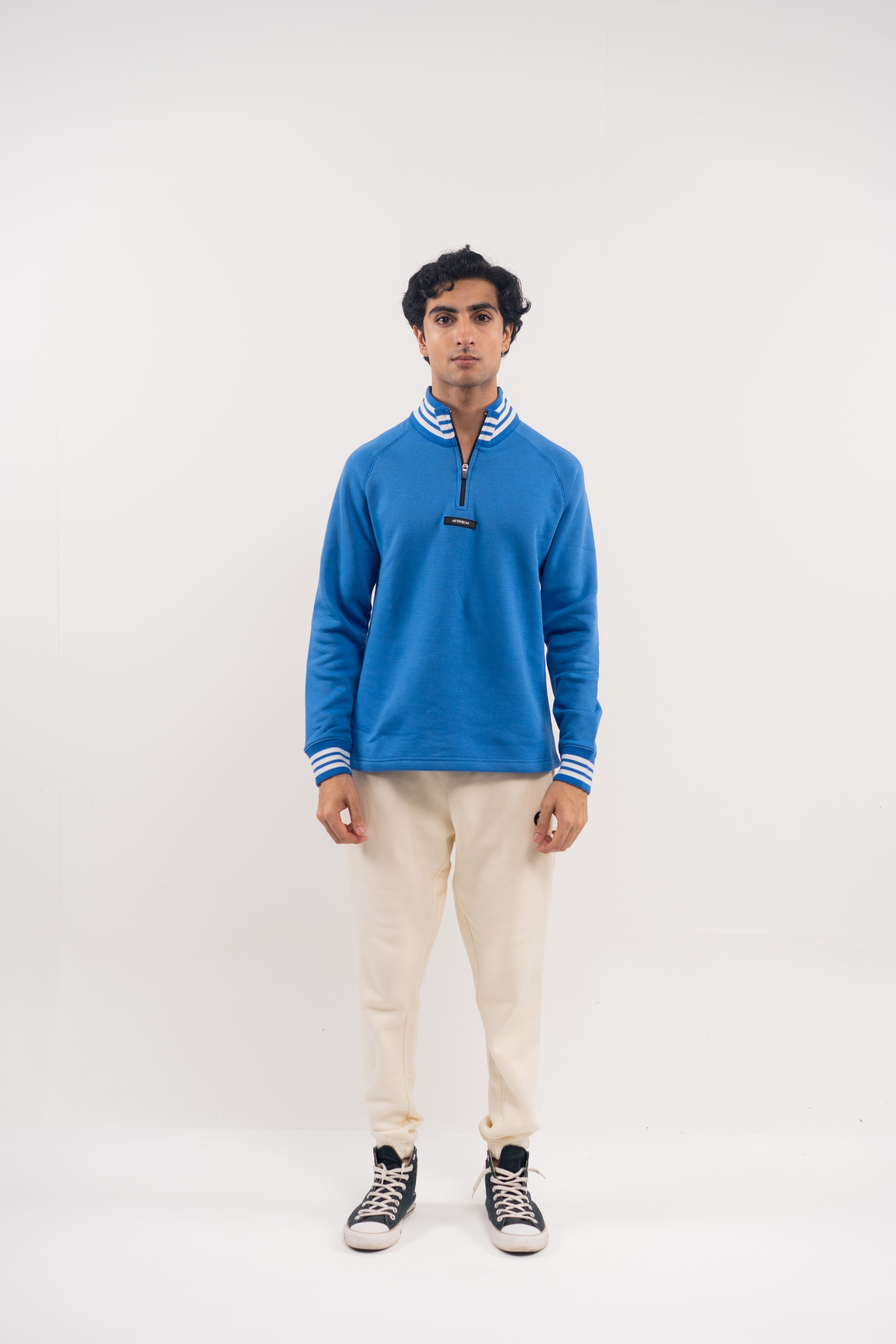 Bold Blue Half-Zip Pullover with Striped Accents