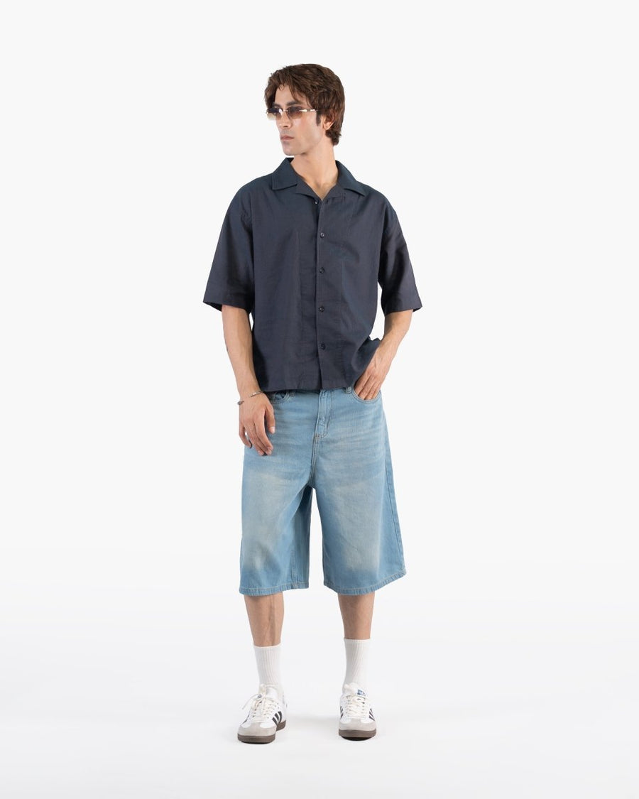 Navy Black Two-Tone Half Sleeve Oversized Shirt