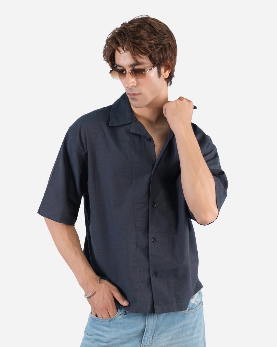 Navy Black Two-Tone Half Sleeve Oversized Shirt - Attireium