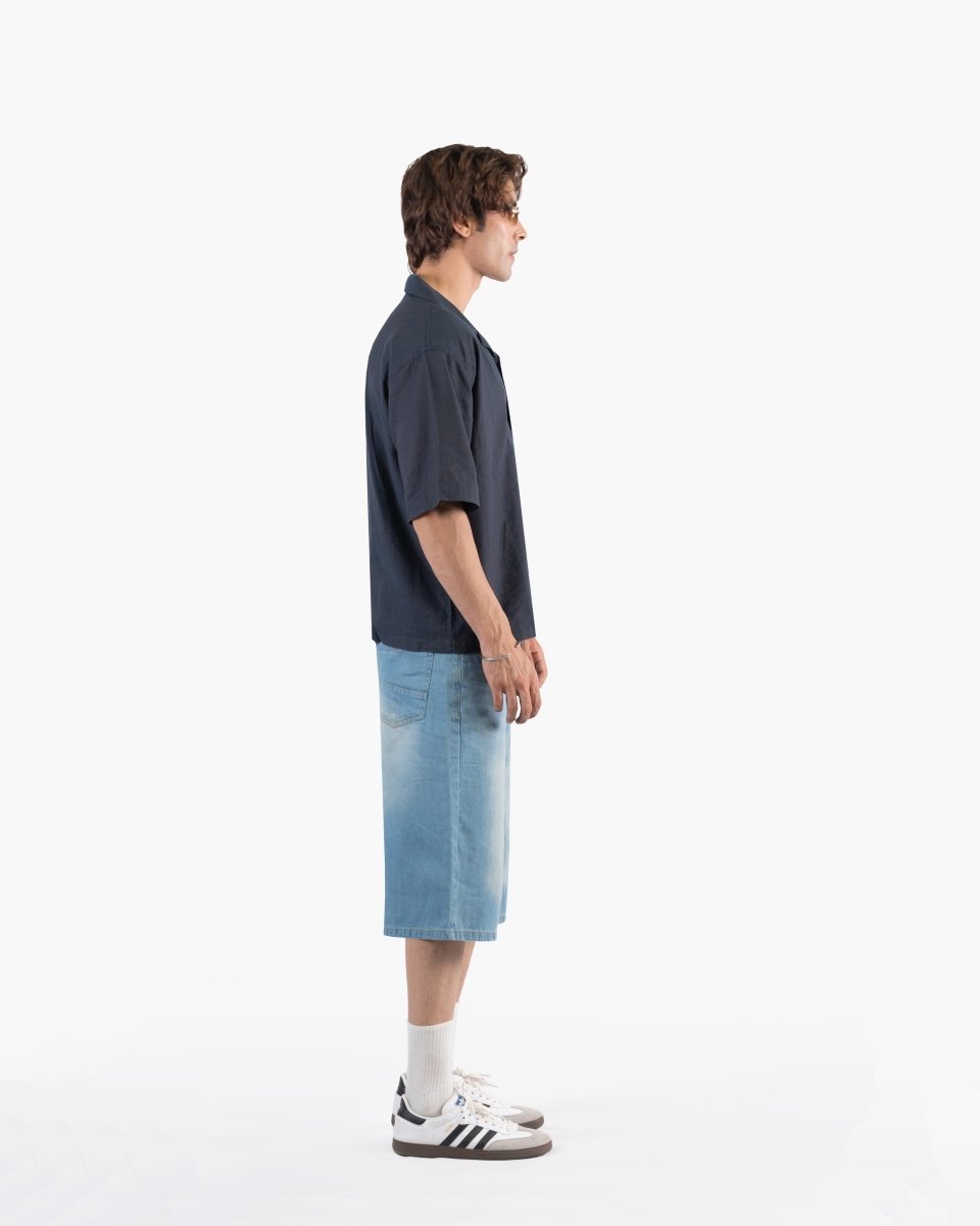 Navy Black Two-Tone Half Sleeve Oversized Shirt - Attireium