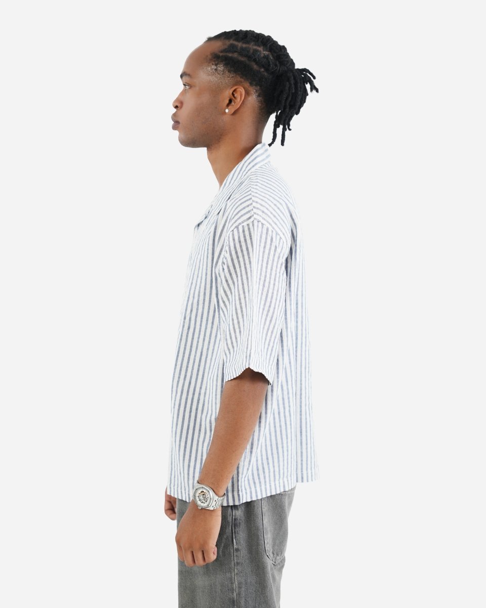 Striped Linen Blend Half Sleeve Oversized Shirt - Attireium